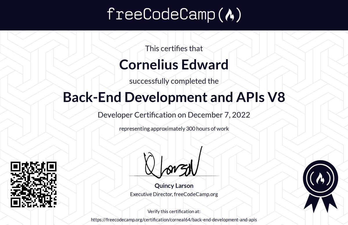 freeCodeCamp Back-End Development and APIs certificate, 2022