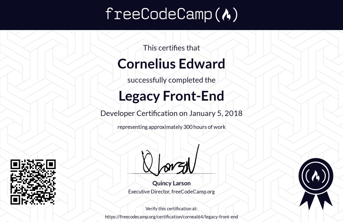 freeCodeCamp Legacy Front-End Developer certificate, 2018