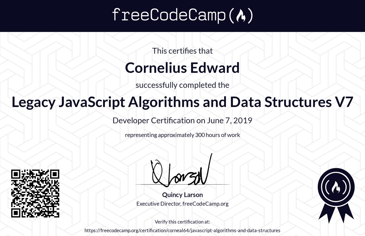 freeCodeCamp JavaScript Algorithms and Data Structures certificate, 2019